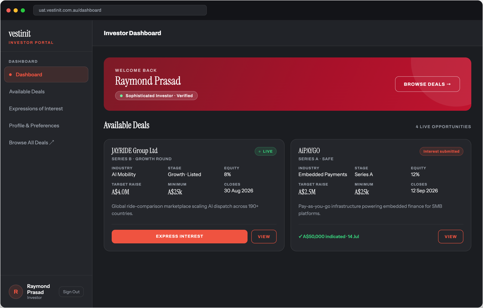 Vestinit investor dashboard